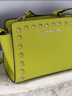 Michael Kors Lime Green Studded Saffiano Satchel